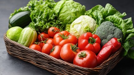 Wall Mural - Freshly harvested vegetables including tomatoes, lettuce, and broccoli in a rustic basket setting