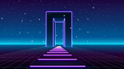 Aufkleber - Neon 80s styled massive gate in retro game landscape with shiny road to the future