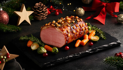 Wall Mural - Christmas composition with baked ham on dark background. Traditional food concept