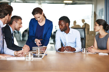 Poster - Tablet, team and business people in meeting for discussion, training or cooperation with manager. Group, technology and brainstorming ideas for finance investment, sales revenue or planning in office