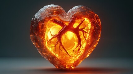 Poster - Heart-shaped sculpture glowing with inner light and intricate details highlighting the veins, creating a striking visual. Generative AI
