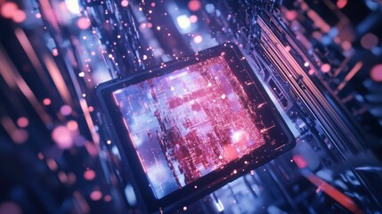 Poster - complex quantum computing processor managing and processing data flow. illuminated by pink and purpl