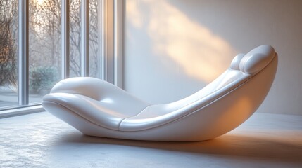 Aufkleber - Elegant white lounge chair positioned near large windows in a softly lit modern living space. Generative AI