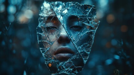 Poster - Reflection of identity through shattered glass in a moody forest setting during twilight. Generative AI