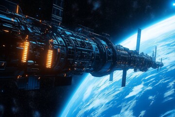 Poster - A neon-lit space station orbiting a glowing blue planet, distant stars in the background.