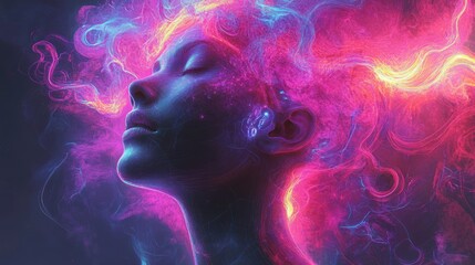 Fototapete - Vibrant abstract portrait with colorful hair and ethereal light effects, showcasing creative artistry and imagination. Generative AI