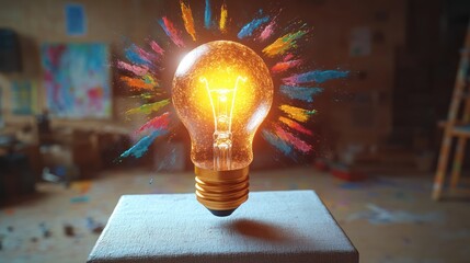Poster - Light bulb emanates colorful sparks in creative studio illuminated by soft ambient light. Generative AI