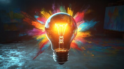 Poster - Bright light bulb bursting with vibrant colors representing creativity and inspiration in a dark space. Generative AI