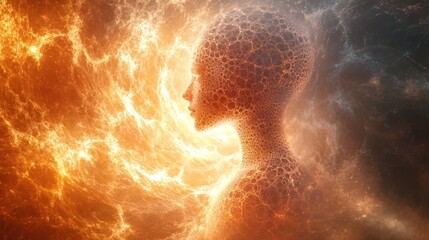 Poster - Imaginary figure emerging from a fiery cosmic background at sunrise. Generative AI