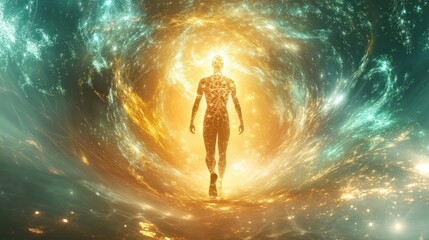 Poster - Ethereal figure walking through a luminous portal surrounded by vibrant cosmic elements. Generative AI