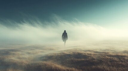 Poster - Misty landscape with solitary figure walking through a serene, fog-covered grassland at dawn. Generative AI