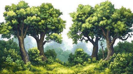 Lush forest meadow with two large oak trees on a sunny day in nature