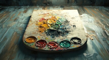 Poster - Vibrant artist's palette displaying rich oil paints on a textured wooden surface. Generative AI