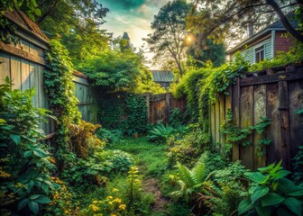 Wall Mural - Overgrown Secret Garden: A Documentary Photography Style Image of a Hidden Backyard Oasis