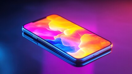Fototapete - Colorful smartphone display with vibrant abstract patterns at night on a reflective surface. Generative AI