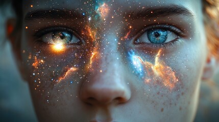 Poster - Creative portrait blending human features with cosmic elements under a dreamy nebula backdrop. Generative AI