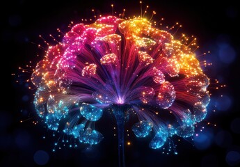 Poster - Vibrant Abstract Brain Illustration with Neon Colors and Glowing Particles on Dark Background for Cognitive and Creative Themes