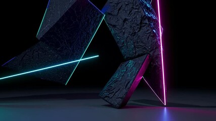 Poster - vibrant neon lights intersect and illuminate abstract dark stone structures, creating a captivating 