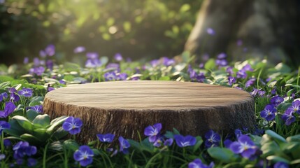 Aufkleber - A natural podium made of wood sits amidst a lush greenery adorned with beautiful purple flowers in springtime. Sunlight filters through the trees, creating a tranquil atmosphere.