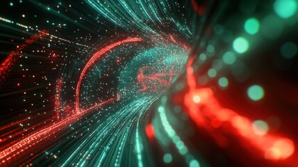 Poster - Fiber optic cables transmit data through a futuristic tunnel, creating a mesmerizing display of red and teal lights, symbolizing innovative production in a high tech environment