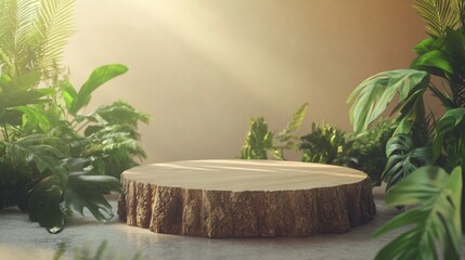 Aufkleber - A wooden podium rests among vibrant green plants in a tranquil environment. Soft light filters through, highlighting the podium's natural texture.