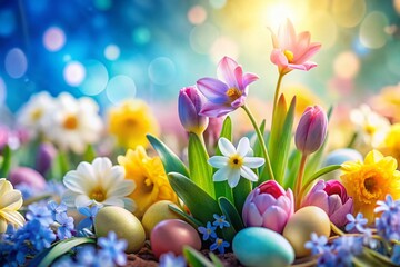 Wall Mural - Panoramic Macro Spring Easter Flowers Background - Vibrant Close-Up Floral Photography