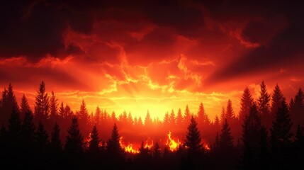 Wall Mural - Majestic Sunset Over Forest with Fiery Sky and Smoke Effects