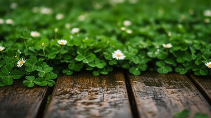 Poster - On a spring morning, tiny daisies bloom among lush green clover near a rustic wooden podium. Gentle raindrops glisten on the surface, creating a serene atmosphere in a natural setting.