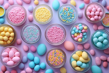 Wall Mural - Colorful assortment of Easter candy crafting supplies arranged in glass bowls, featuring pastel eggs and sprinkles. Concept highlights Easter candy crafting supplies creativity and fun.