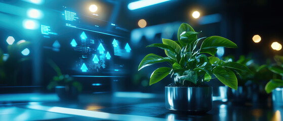 Poster - futuristic workspace with holographic displays and potted plant