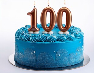 Wall Mural - Decorated blue cake for birthday or anniversary party, candle number 100, white background