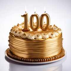 Wall Mural - Decorated gold cake for birthday or anniversary party, candle number 100, white background