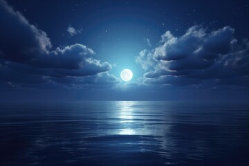 Wall Mural - Moon Rising Over Empty Ocean - Full Luna with Glowing Bright in Horizon, Perfect Wallpaper for Halloween, Dream and Silence with Star Glitter