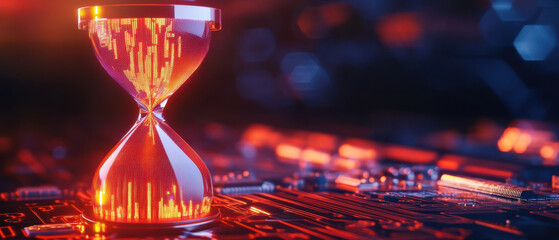 Poster - digital hourglass on glowing circuit board symbolizes time in technology