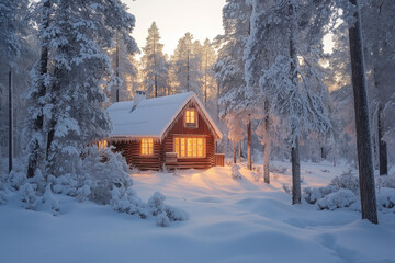Poster - A secluded cabin in a snowy forest, warm golden light glowing from the windows