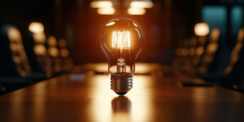 Poster - glowing light bulb on conference table symbolizes innovation