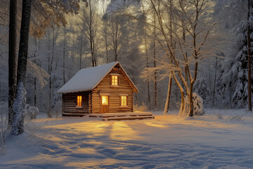 Wall Mural - A secluded cabin in a snowy forest, warm golden light glowing from the windows