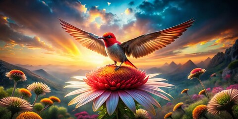 Wall Mural - Red-Headed Bird in Surreal Landscape: Conceptual Photography