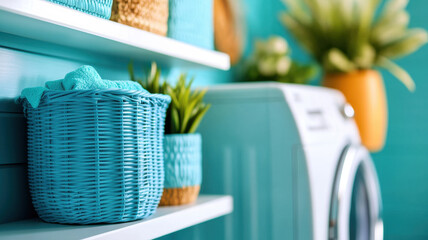 Wall Mural - modern laundry room with sky blue walls and teal accents