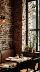 Poster - Inviting space showcases a beautifully aged brick wall paired with a wooden table, softly lit by natural sunlight. Potted plants add life while creating a serene dining experience