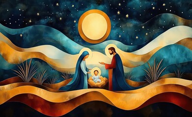 Watercolor Nativity Scene in Bethlehem Christmas Illustration Holy Family Baby Jesus Mary Joseph Manger