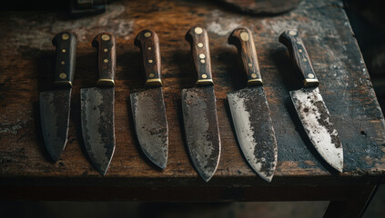 Five kitchen knives with wooden handles are neatly arranged on a rustic wooden table, showcasing their vintage charm and wear
