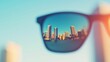 © Lion - Close-up of a vibrant cityscape reflected in a pair of sunglasses, playful and dynamic urban design concept