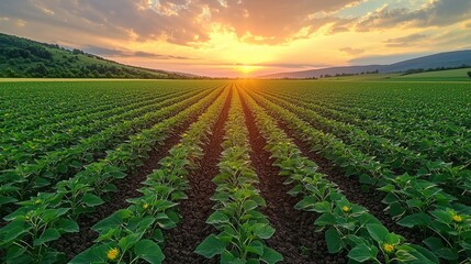 Aufkleber - Rows of sunflowers bloom brightly in a lush green field as the sun sets behind distant hills, casting a warm glow. This tranquil landscape captures nature's charm and serenity beautifully