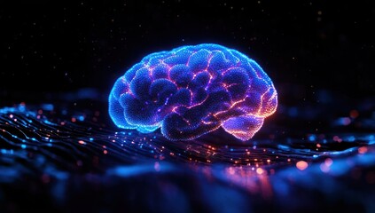 Poster - Futuristic Brain Hologram with Neon Lights and Digital Data Streams in Abstract Technology Concept