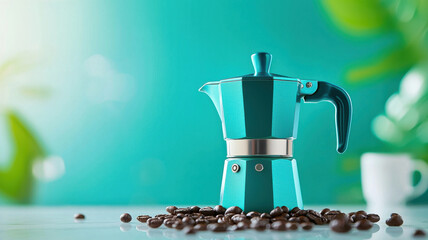 Wall Mural - turquoise moka pot with coffee beans on reflective surface