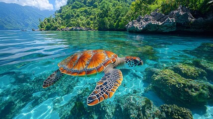 Poster - Gliding effortlessly, a sea turtle explores the stunning turquoise waters, surrounded by vibrant coral reefs and lush greenery under a bright sky. Nature's beauty unfolds in harmony
