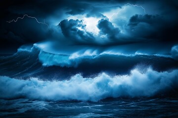Poster - A stormy ocean with lightning illuminating massive crashing waves