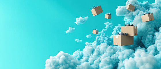 Poster - Floating gift boxes in whimsical sky with clouds
