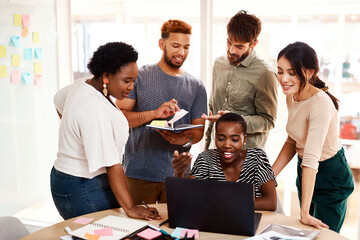 Aufkleber - Creative, laptop and group of business people in workshop for brainstorming, ideas or project collaboration. Men, women and teamwork in meeting for planning, development or strategy at design agency
